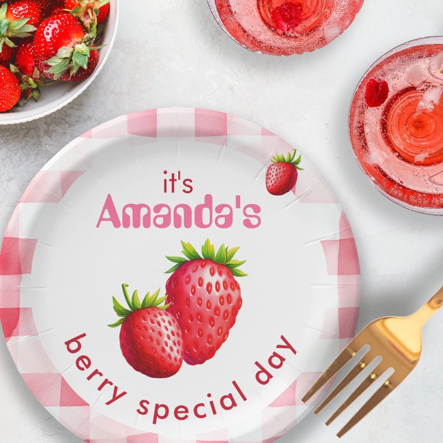 Bride's Berry Special Day Strawberry Retro Gingham Paper Plate (Bride name berry special day paper plate food decor strawberry fruit bahelorette hen party picnic )