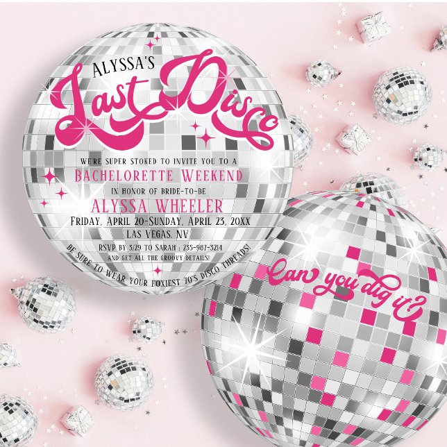 Bride's Last Disco Ball Round Bachelorette Weekend Invitation (Last Disco retro groovy hot pink and silver round disco ball shape wedding bachelorette invite)