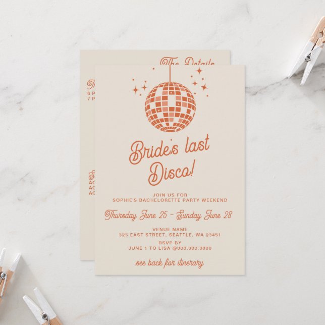 Brides Last Disco Itinerary Bachelorette Party  Invitation (Front/Back In Situ)
