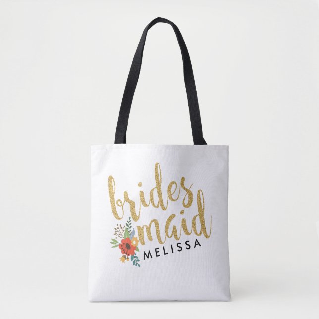 Brides Maid Gold Glitter Script Text Tote Bag (Front)
