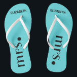Brides Reception Personalised Jandals<br><div class="desc">A cute addition to your destination beach or poolside wedding! Dance the night away in these comfortable bridle flip flops. Sample background colour is a Tiffany, aqua blue-click "customise it" to change colour. The word "Mrs.", in black with the brides name personalised. To see matching groom's flip flops- Please visit...</div>