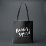 Bride's Squad Personalised Bridal Party Totes<br><div class="desc">Custom bridal party tote bags with "Bride's Squad" graphic in a stylish brush script. Personalise it with your wedding date,  wedding hashtag,  names or other custom text. Chic trellis print on reverse side. Perfect gift for bride,  bridesmaids and wedding party!</div>
