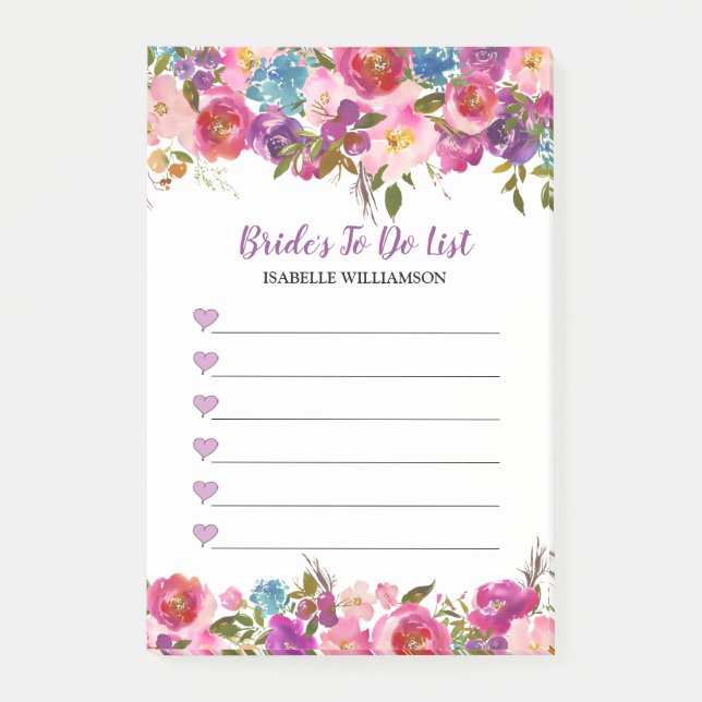 Bride's To Do List Purple Hearts and Flowers Post-it Notes (Front)