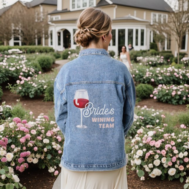 Bride's Wining Red Wine Drinking Team Bachelorette Denim Jacket (Wedding Back)