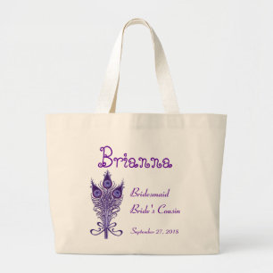 BRIDESMAID and COUSIN Purple Peacock Feathers V3 Large Tote Bag