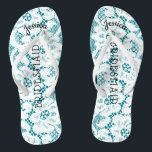 Bridesmaid Beach Wedding | Floral White Lace Aqua Jandals<br><div class="desc">Personalised, romantic floral lace beach wedding flip flop sandals- Faux vintage style, floral white lace on beachy feel, turquoise background. Name of bridesmaid at top in curved, elegant style, script letters. Bridesmaid is printed down the middle in modern lettering. Change to fit bridal party members, such as bride, flower girl...</div>