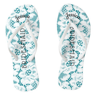 Bridesmaid Beach Wedding   Floral White Lace Aqua Jandals