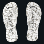 Bridesmaid Beach Wedding Floral White Lace Burlap Jandals<br><div class="desc">Personalised, romantic floral lace, rustic beach wedding flip flop sandals- Faux vintage style, floral white lace on rustic burlap look background. Name of bridesmaid at top in curved, elegant style, script letters. Bridesmaid is printed down the middle in modern lettering. Change to fit bridal party members, such as bride, flower...</div>