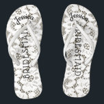 Bridesmaid Beach Wedding Floral White Lace Burlap Jandals<br><div class="desc">Personalised, romantic floral lace, rustic beach wedding flip flop sandals- Faux vintage style, floral white lace on rustic burlap look background. Name of bridesmaid at top in curved, elegant style, script letters. Bridesmaid is printed down the middle in modern lettering. Change to fit bridal party members, such as bride, flower...</div>
