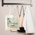 Bridesmaid beach wedding name tote bag<br><div class="desc">A tropical beach,  waves and palm trees,  watercolored.  Personalise and add your bridesmaid's name.   Black handwritten style script.</div>