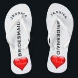 Bridesmaid Beach Wedding | Team Bride Hearts Jandals<br><div class="desc">Custom, romantic hearts beach wedding flip flop sandals- Fun, red heart design at bottom. Reads Team, then Bride, on other sandal in elegant, white letters. Bridesmaid is printed down the middle in modern, black letters. Change to fit bridal party members, such as flower girl or maid of honour. Personalised name...</div>