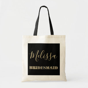 Bridesmaid Black and Gold Glitter Typography Name Tote Bag