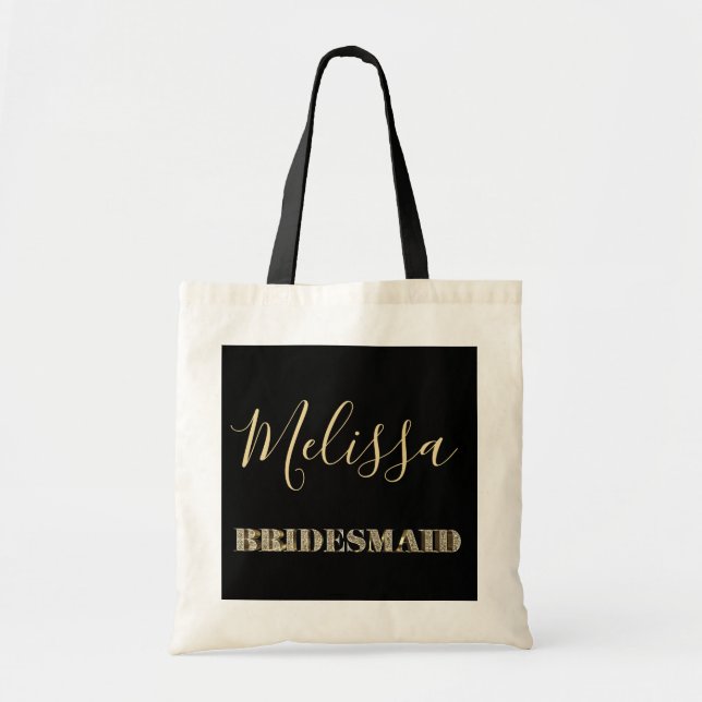 Bridesmaid Black and Gold Glitter Typography Name Tote Bag (Front)
