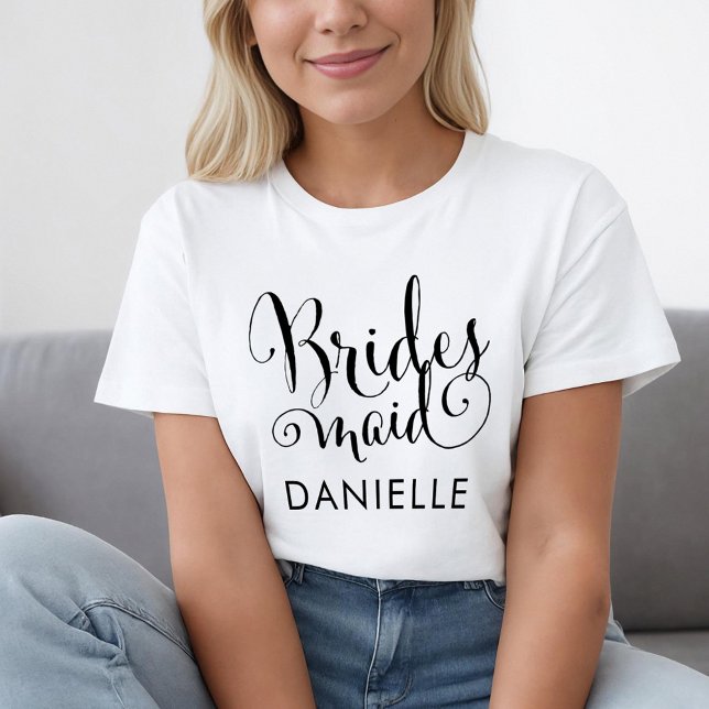 Bridesmaid Black Modern Script Custom Wedding T-Shirt (Creator Uploaded)