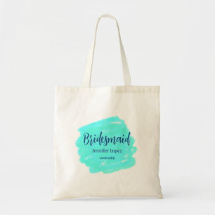 Bridesmaid blue green watercolor add name date sty tote bag