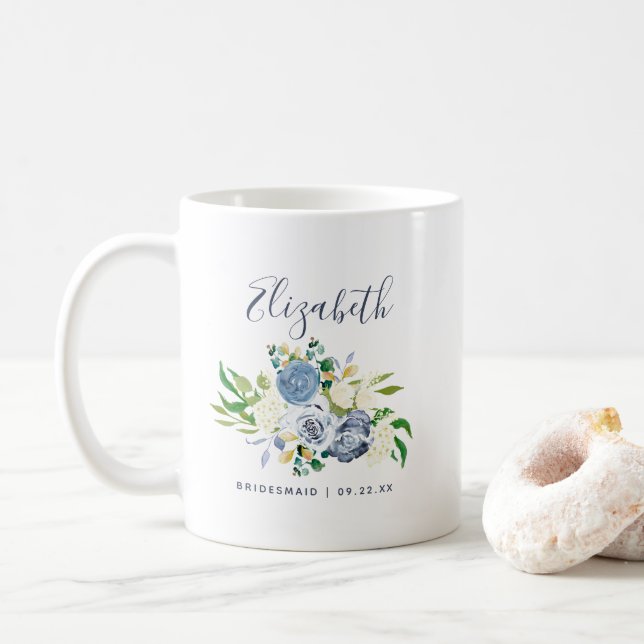 Bridesmaid Blue Ivory Floral Personalised Wedding Coffee Mug (With Donut)
