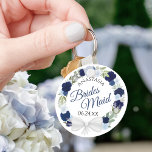 Bridesmaid Blue Watercolor Floral Wreath Wedding Key Ring<br><div class="desc">These keychains are designed to give as favours to bridesmaids in your wedding party. They feature a rustic hand painted watercolor design with a wreath of roses and flowers in shades of dusty blue, navy and indigo. The text is written in elegant script letters, and there is room for her...</div>
