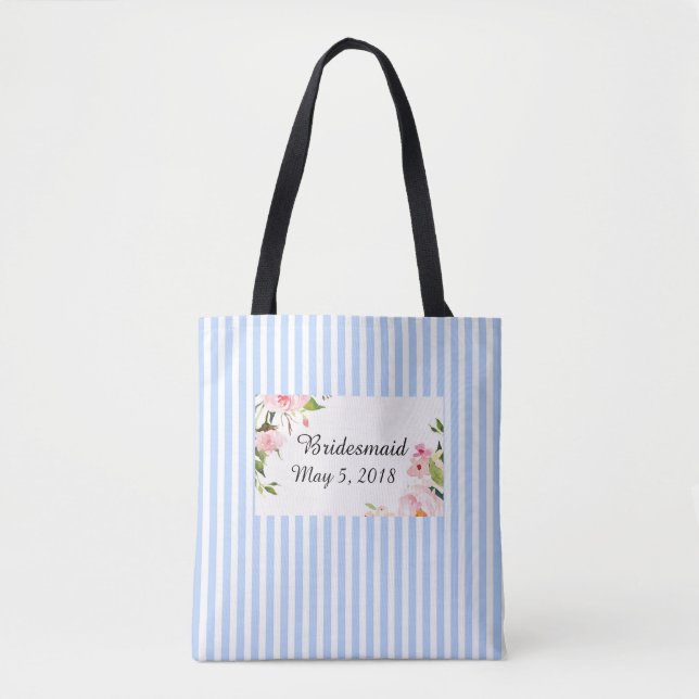 Bridesmaid blue white stripe bag with wedding date (Front)