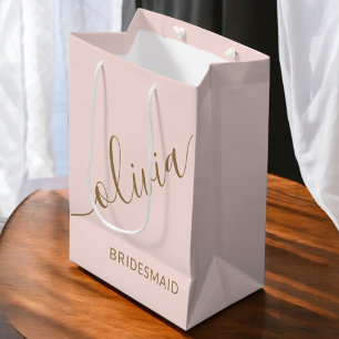 Bridesmaid Blush Pink Gold Minimalist Monogram Medium Gift Bag
