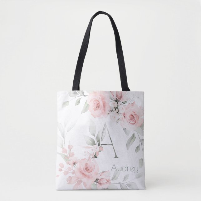 Bridesmaid Blush Pink Rose Monogram Letter A Tote Bag (Front)