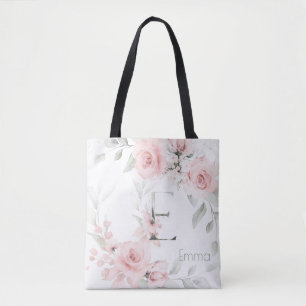 Bridesmaid Blush Pink Rose Monogram Letter E Tote Bag