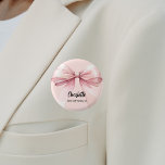 Bridesmaid bow pink name tag 3 cm round badge<br><div class="desc">A soft blush pink coloured background. Decorated with a large bow.  Personalise and add your bridesmaid's name.   Black handwritten style script.</div>