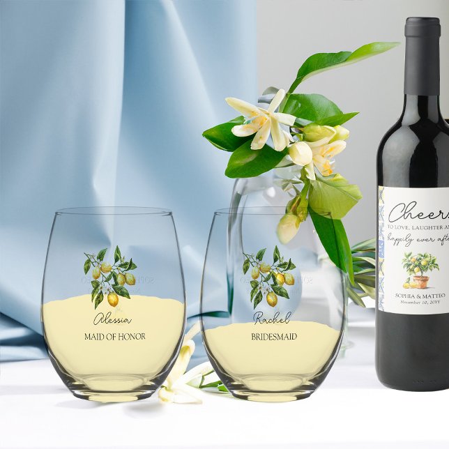 Bridesmaid Bridal Party Lemon Wedding Theme Stemless Wine Glass (Bridesmaid gift glasses from the Lemon Grove Wedding Collection by Darling & May)