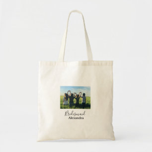 Bridesmaid bride squad name calligraphy photo gift tote bag