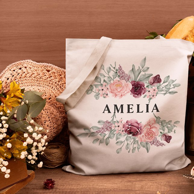 Bridesmaid Burgundy and Pink Floral Monogram Name Tote Bag (Creator Uploaded)
