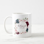Bridesmaid Burgundy & Navy Rose Watercolor Wreath Coffee Mug<br><div class="desc">Send a beautiful personalised gift for your amazing bridesmaid that she’ll cherish for years to come with our elegant burgundy and navy rose watercolor rose custom name mug. The design features our painted elegant watercolor flowers. A Beautiful floral arrangement of red burgundy, deep blues and blush pinks flowers with accents...</div>