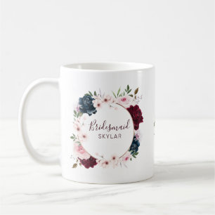 Bridesmaid Burgundy & Navy Rose Watercolor Wreath Coffee Mug