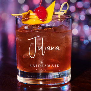Bridesmaid Chic White Script Monogram Wedding Whiskey Glass