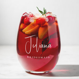 Bridesmaid Chic White Script Wedding Stemless Wine Glass