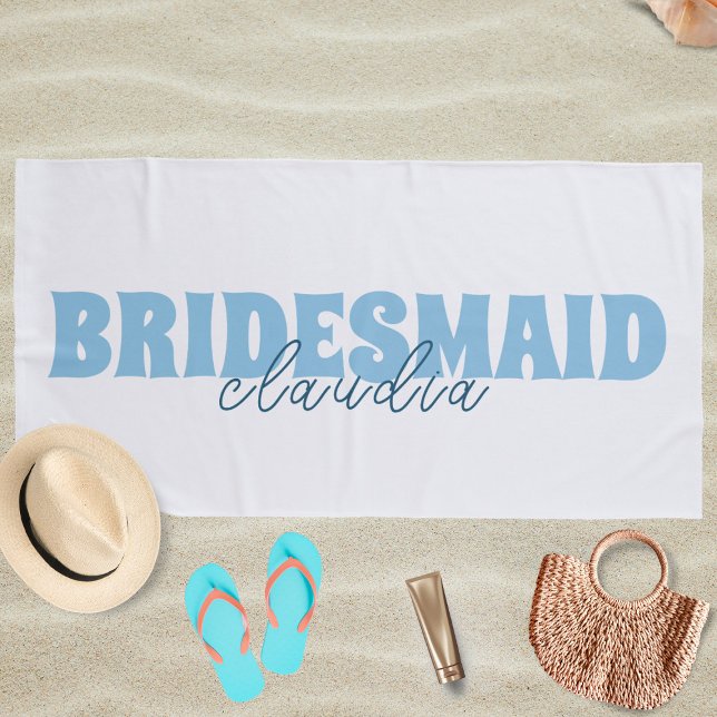 Bridesmaid Custom Name Girly White and Blue Beach Towel (Creator Uploaded)