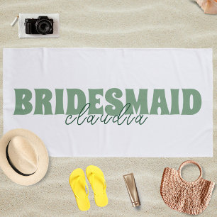 Bridesmaid Custom Name Girly White and Green Beach Towel