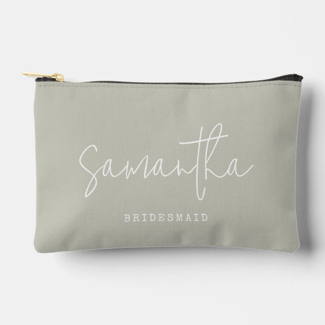 Bridesmaid Custom Name Script Neutral Sage Green Accessory Pouch (Front)