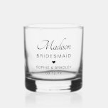 Bridesmaid Custom Personalised Name Wedding Party<br><div class="desc">Bridesmaid Custom Personalised Name Wedding Party Wiskey Glass Rocks Glass features your bridesmaid's name with the bridal couple's names and wedding date accented with a small love heart. Custom made for your bridesmaids. Makes a fabulous bridesmaid gift or wedding favour. Designed by ©2024 Evco Studio www.zazzle.com/store/evcostudio</div>