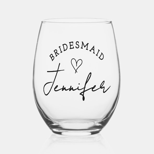 Bridesmaid Custom Personalised Name Wedding Party Stemless Wine Glass (Front)
