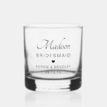 Bridesmaid Custom Personalised Name Wedding Party Whiskey Glass<br><div class="desc">Bridesmaid Custom Personalised Name Wedding Party Wiskey Glass Rocks Glass features your bridesmaid's name with the bridal couple's names and wedding date accented with a small love heart. Custom made for your bridesmaids. Makes a fabulous bridesmaid gift or wedding favour. Designed by ©2024 Evco Studio www.zazzle.com/store/evcostudio</div>