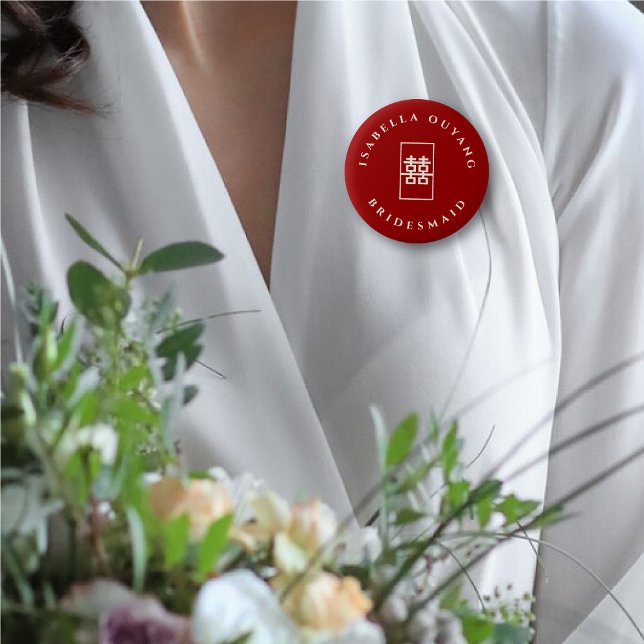 Bridesmaid Double Happiness Chinese Wedding Party 6 Cm Round Badge (BRIDESMAID Simple Rectangle Double Happiness Chinese Wedding Party Button @ fatfatin_red_knot)