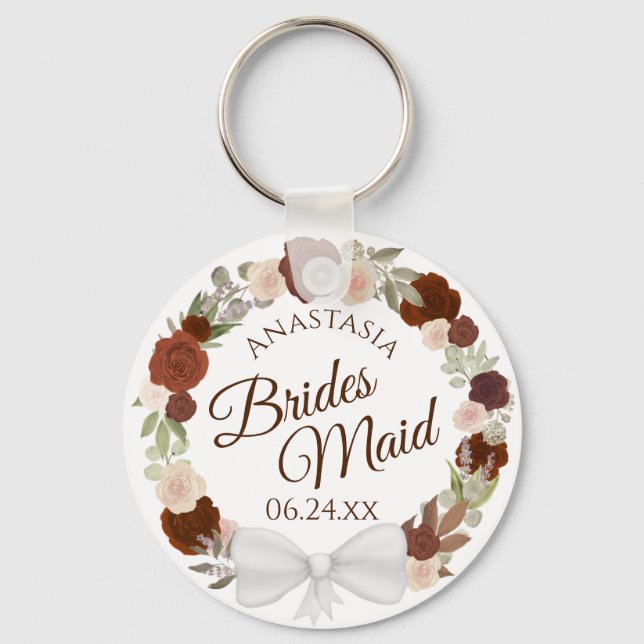 Bridesmaid Elegant Autumn Floral Wreath Wedding Key Ring (Front)