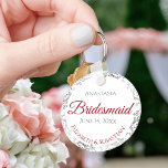 Bridesmaid Elegant Wedding Gift Red & White Key Ring<br><div class="desc">These keychains are designed to give as favours to bridesmaids in your wedding party. They feature a simple yet elegant design with a white background, crimson red & Grey text, and a silver faux foil floral border. Perfect way to thank your bridesmaids for being a part of your special day!...</div>