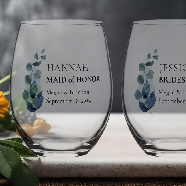 Bridesmaid Eucalyptus Greenery Custom Wedding Stemless Wine Glass (Eucalyptus wedding bridesmaids gift to personalize for anyone or everyone in your wedding party)
