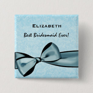 Bridesmaid Faux Blue Satin Bow Custom Name 15 Cm Square Badge