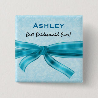 Bridesmaid Faux Blue Satin Bow Custom Name 15 Cm Square Badge