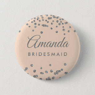Bridesmaid Favour Silver Glitter Confetti Blush 6 Cm Round Badge