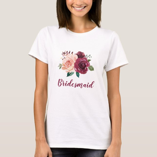 Bridesmaid Floral Blush Pink Burgundy Rose Wedding T-Shirt (Front)
