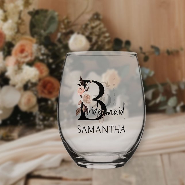 Bridesmaid Floral Letter Bridal Party Wedding Stemless Wine Glass (Bridal party gift to personalize for your bridesmaid)