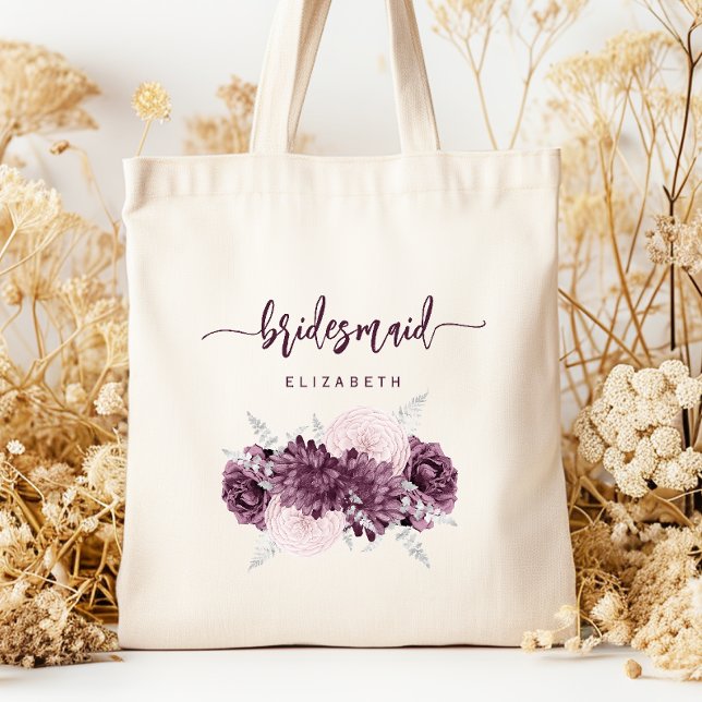 Bridesmaid Floral Mauve Purple Blush Script Tote Bag (Creator Uploaded)