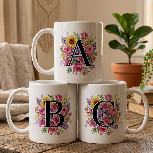 Bridesmaid | Floral Monogram Mug Gift for Her Mum (Custom floral birthday gift for her | teacher appreciation gift | best friend gift | bridesmaid mug)